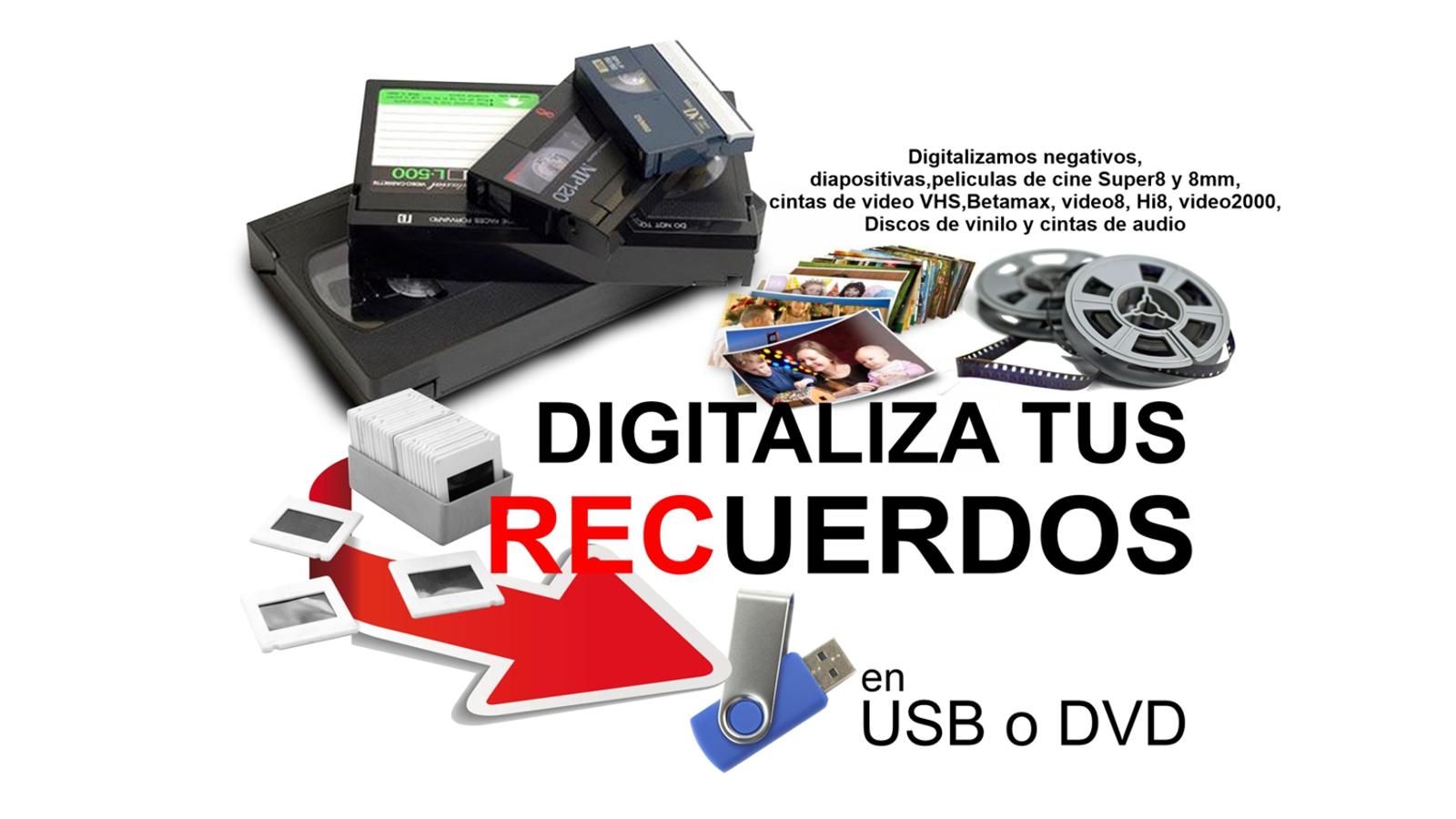 Digitalizamos las cintas de video VHS,8mm,MiniDV,Beta,VHS-C,Video2000 y peliculas de Cine 8mm y Super8